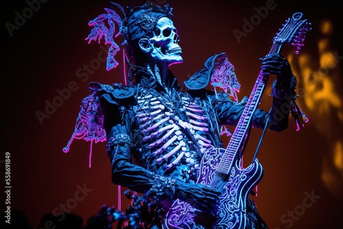 skeleton playing guitar on stage. Neon light. Generative AI