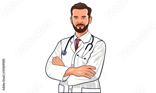 Professional medical male doctor with crossed hands. handsome man physician health care assistant with folded arms and wearing stethoscope, white coat and tie. cool specialist clinician flat vector