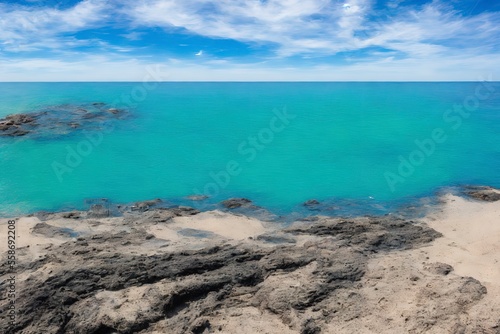 Generative AI landscape beautiful beach. Seashore Under Blue Calm Sky during Daytime.