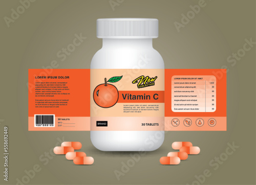Vitamin C supplement bottle Packaging, Cosmetic packaging design. product design. Beauty label, 3d supplement bottle, 3d white plastic Pills box, White medical container. healthcare bottle, vector