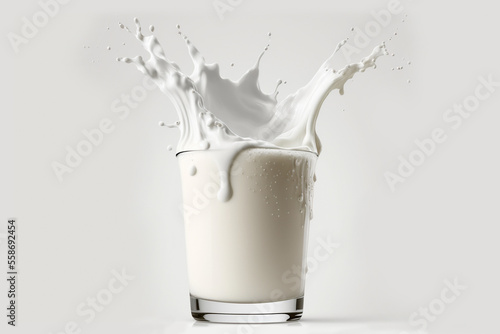 Fresh milk splash. Pouring milk into milk glass creating splash on a white background. Splashing is made by pouring into milk glass. Healthy food, Natural food, Fresh drink concept.