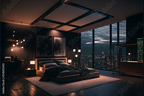 Luxury Penthouse Bedroom, Skyline City View, Generative ai © Artofinnovation
