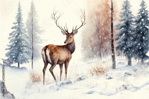 a painting of a deer standing in the snow in front of a pine tree forest with snow falling on the ground and snow falling on the ground and the ground and trees and snow on the ground.