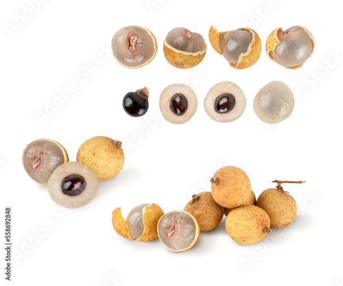 Set fresh longan the skin is cut, whole, cut in half, with bone isolated on white background. Clipping Path. Full depth of field.