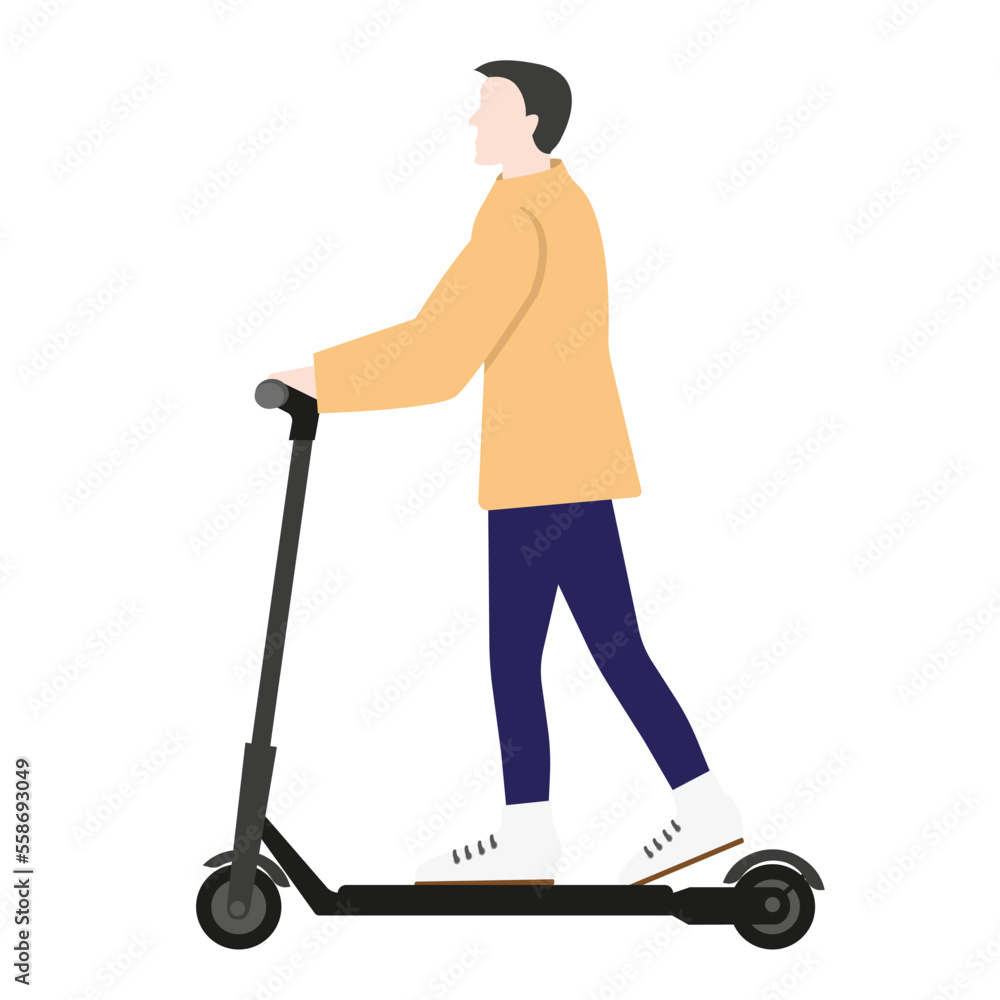 A dark-haired man in a light orange jacket and blue trousers on an electric scooter. Vector illustration A dark-haired man in a light orange jacket and blue trousers on an electric scooter. Vector illustration