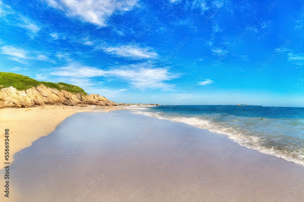 Generative AI landscape beautiful beach. Seashore Under Blue Calm Sky during Daytime.