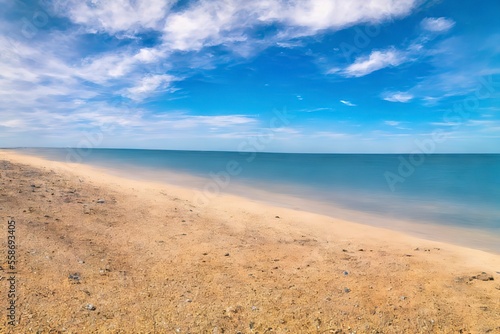 Generative AI landscape beautiful beach. Seashore Under Blue Calm Sky during Daytime.