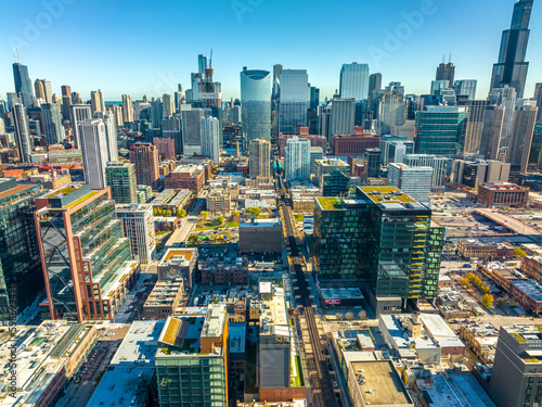 Aerial View of Downtown Chicago - High rise buildings - skyscrapers - River views