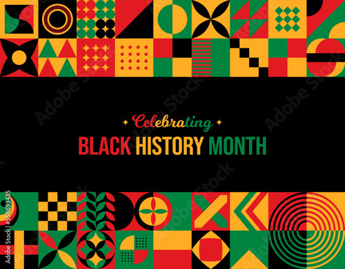 Celebrating Black History Month Abstract Background. February Awareness Celebration poster. Website header banner vector illustration. Neo Geometric pattern concept. Social media post, graphic design