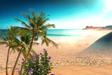  Tropical seascape blue water and sky white beach sand and flowers with plant nature landscape