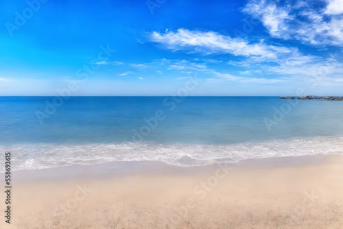 Generative AI landscape beautiful beach. Seashore Under Blue Calm Sky during Daytime. © Jiwa_Visual