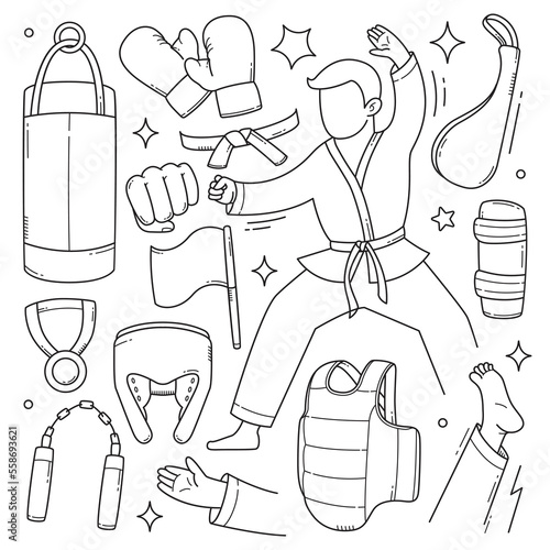 Karate tools and objects doodle hand drawn vector illustration
