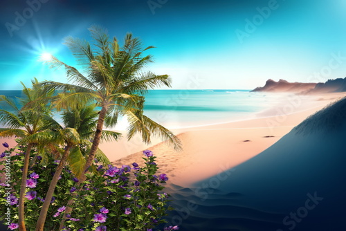 Fototapeta Naklejka Na Ścianę i Meble -   Tropical seascape blue water and sky white beach sand and flowers with plant nature landscape