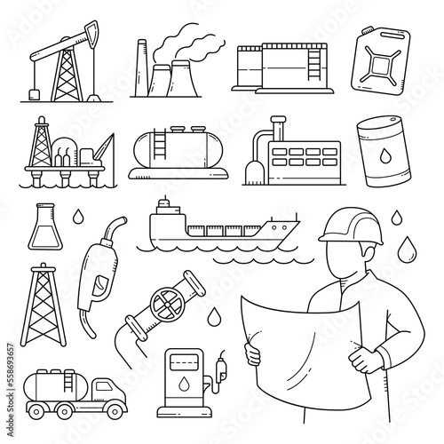 Oil and gas industry doodle hand drawn vector illustration