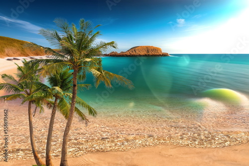  Tropical seascape blue water and sky white beach sand and flowers with plant nature landscape