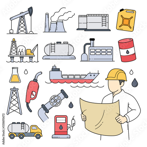 Oil and gas industry doodle hand drawn vector illustration