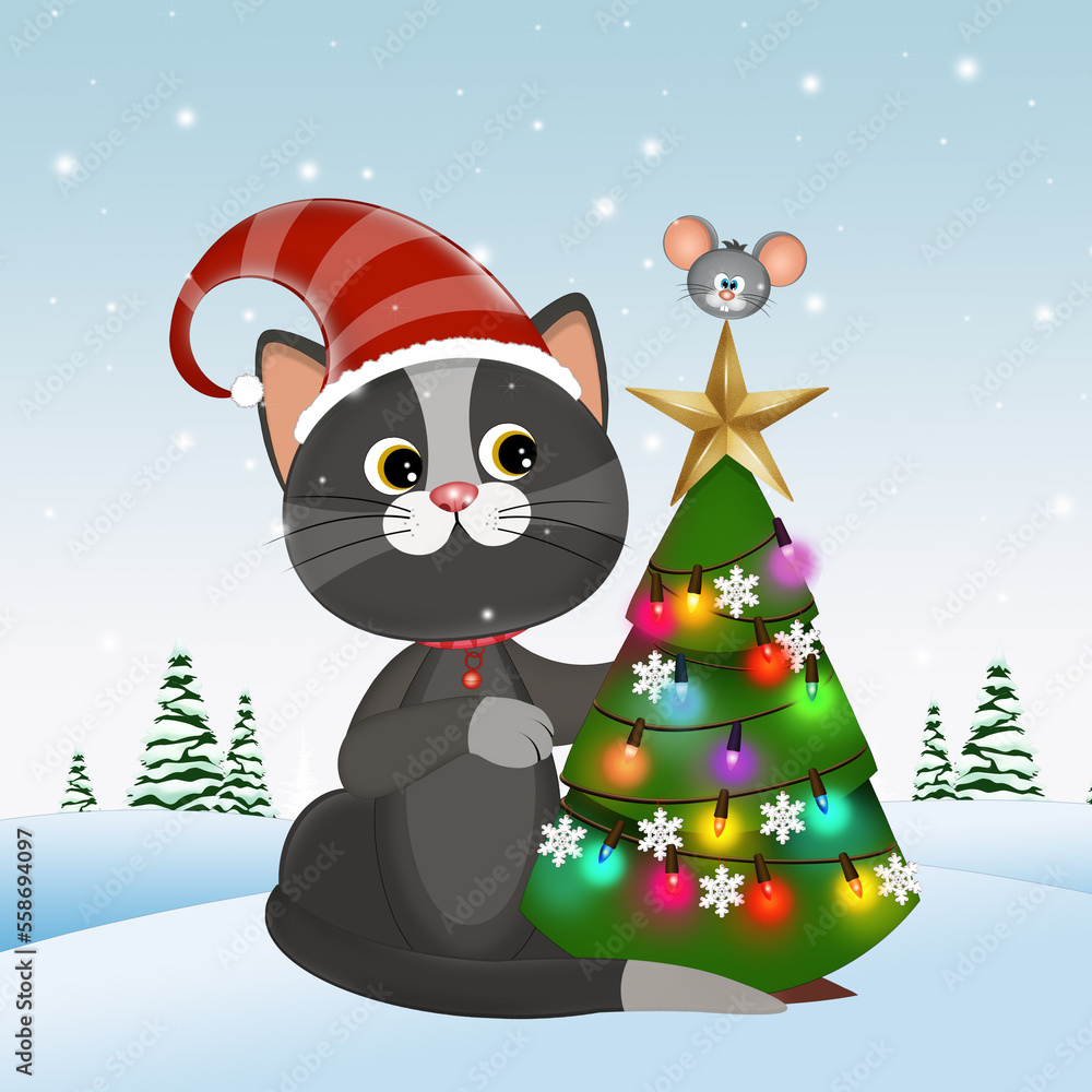 illustration of Christmas cat in the snow illustration of Christmas cat in the snow