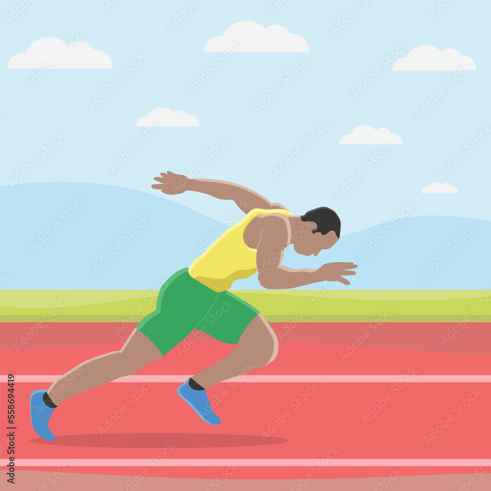 male athlete runner sprinter is running on the track of a running race field, Vector Illustration, suitable for web landing page, sticker background, banner.