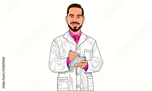 Professional male pharmacist doctor wearing white coat and pink shirt tie. man pharmacy doctor holding clipboard and writing on notebook with pen as analyst test