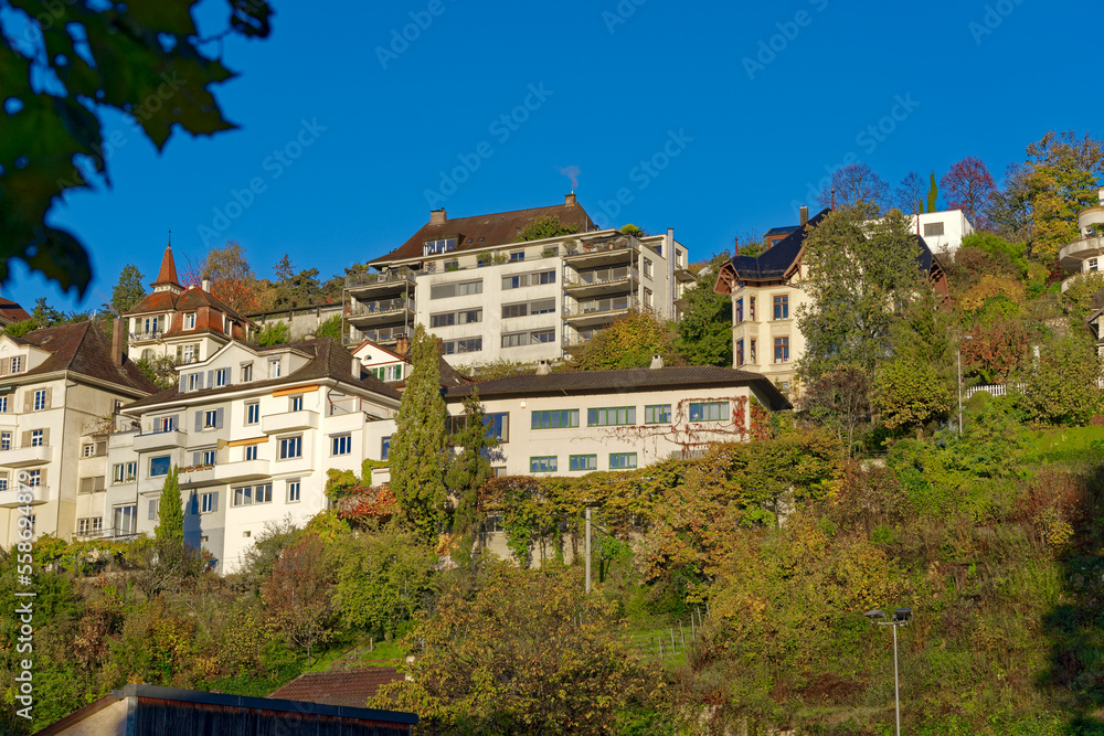 Residential buildings at hill of Swiss City of Biel Bienne, Canton Bern, on a sunny autumn day. Photo taken November 10th, 2022, Biel Bienne, Switzerland. Residential buildings at hill of Swiss City of Biel Bienne, Canton Bern, on a sunny autumn day. Photo taken November 10th, 2022, Biel Bienne, Switzerland.