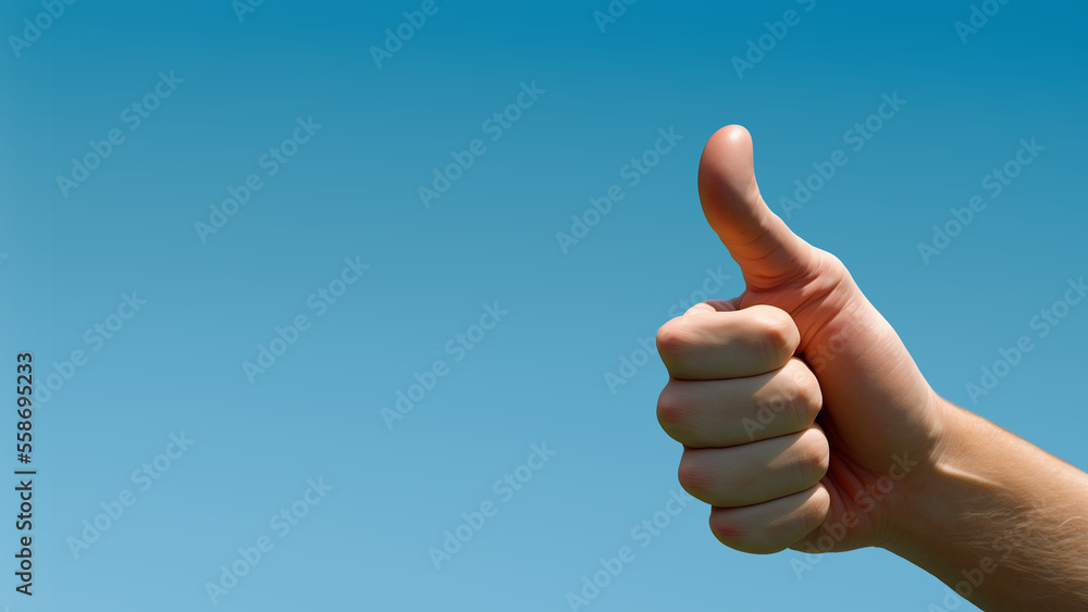Hand showing thumb up sign on blue sky background banner Hand showing thumb up sign on blue sky background banner