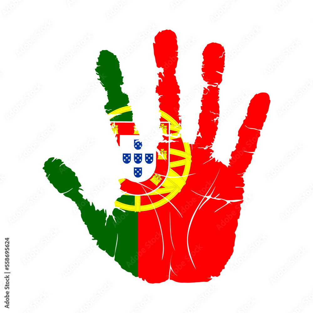 Handprint with the flag of Portugal. Hand print, which bears the Portugal flag. Grunge Imprint Hand in the Colors of Portugal Flag on White Background. Vector illustration Handprint with the flag of Portugal. Hand print, which bears the Portugal flag. Grunge Imprint Hand in the Colors of Portugal Flag on White Background. Vector illustration