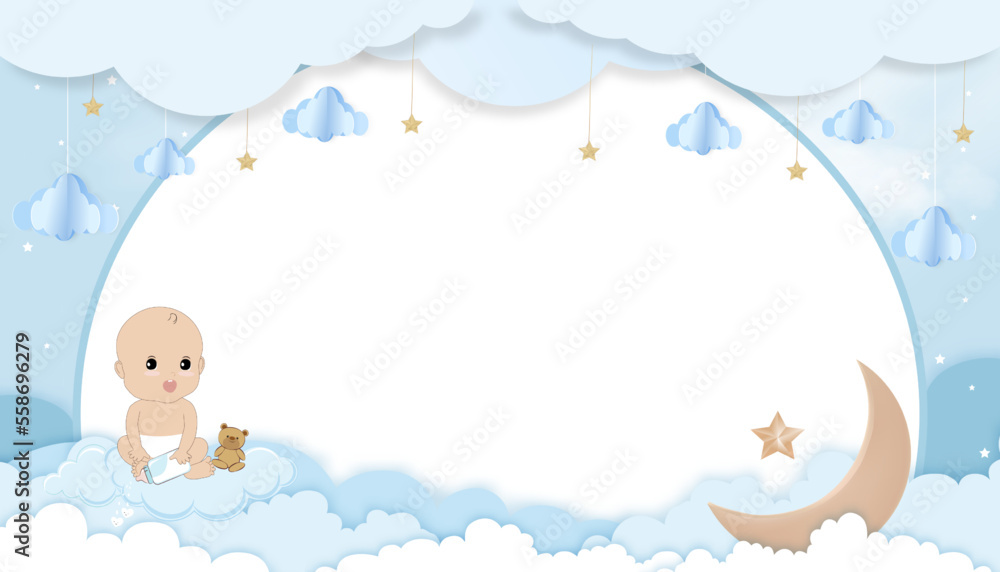 Baby shower invitation with Cute twin boy holding milk bottle sitting with teddy bear,Paper art cloudscape, Crescent Moon,Star on blue background,Vector card with copy space for Baby's photo Baby shower invitation with Cute twin boy holding milk bottle sitting with teddy bear,Paper art cloudscape, Crescent Moon,Star on blue background,Vector card with copy space for Baby's photo