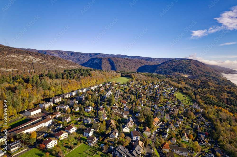 Aerial view from village Evilard Leubringen, Canton Bern, with beautiful autumn landscape on a sunny autumn morning. Photo taken November 10th, 2022, Evilard, Switzerland.