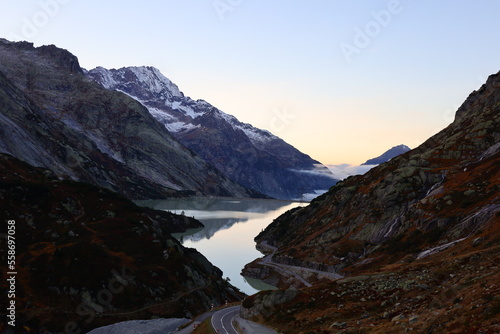 View on a lake in the Grimsel Pass which is a mountain pass in Switzerland, crossing the Bernese Alps at an elevation of 2,164 metres