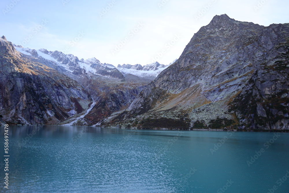 The Gelmersee is a reservoir in Bernese Oberland, Switzerland