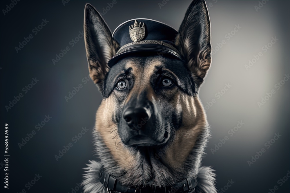 Portrait of a dog in a police suit. Pet portrait in clothing. German Shepherd. Generative AI.