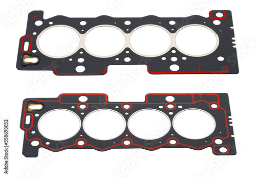 Two car cylinder head gaskets with red sealant on a white background. Top view on two sides.
