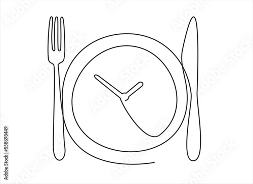 Dinner time, clock. One Line Drawing of Plate, fork, knife . Food symbol for bar, cafe, hotel. Ready to eat healthy food. Vector logo sign for dinner, breakfast, lunch meal menu service. Obesity
