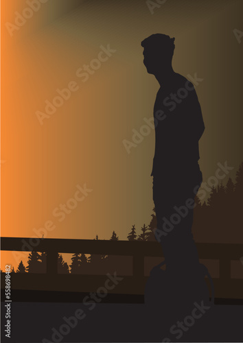 Silhouette of Travel Green, eco-friendly travel concept with electronic monowheel climbing, uphill with peaceful trees and sky background.