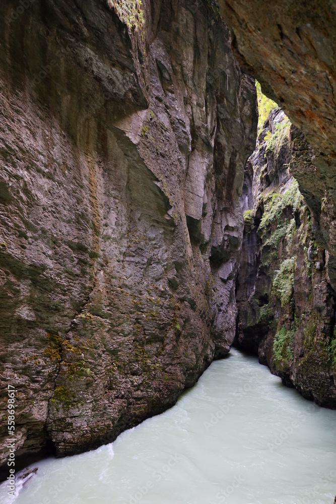 The Aare Gorge is a section of the river Aare that carves through a limestone ridge near the town of Meiringen, in the Bernese Oberland region of Switzerland