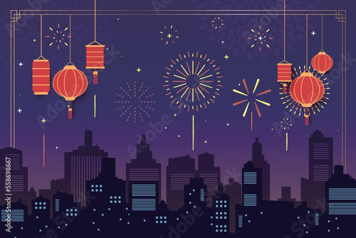 Chinese holiday celebration panorama with firework show city background design.