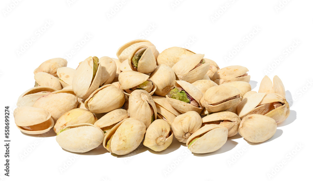 Salted open inshell pistachios isolated on a white background, tasty and healthy snack, close up