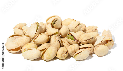 Salted open inshell pistachios isolated on a white background, tasty and healthy snack, close up