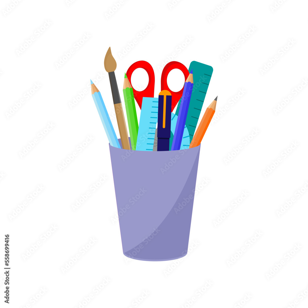 Vector illustration Office equipment pen holder. A set of bright office supplies in a flat cup. Bright Colored Pen Carandashi Scissors Ruler. Isolated on white background