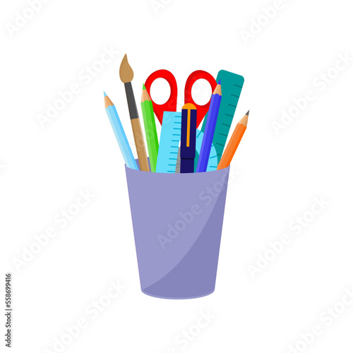 Obraz na płótnie Vector illustration Office equipment pen holder. A set of bright office supplies in a flat cup. Bright Colored Pen Carandashi Scissors Ruler. Isolated on white background w salonie