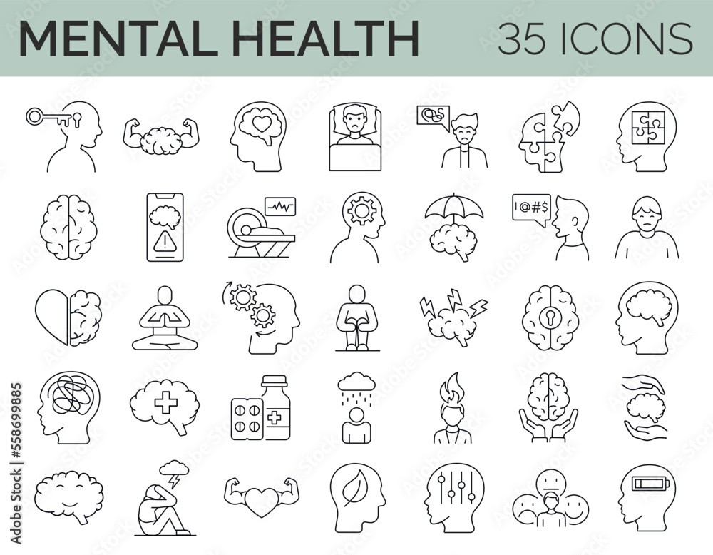 Set of 35 mental health icons. Editable stroke. Vector illustration