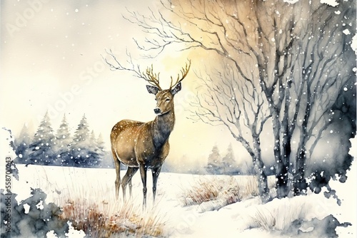 a painting of a deer standing in a snowy field with trees in the background and snow falling on the ground and snow falling on the grass and trees in the foreground, and the foreground.