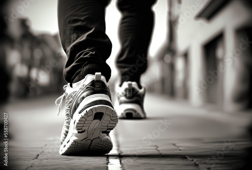 close up feet pace in motion of a one man feet wearing sport sneaker walking on street in urban city without other people, idea for self-confidence, or lonely loneliness without color in life