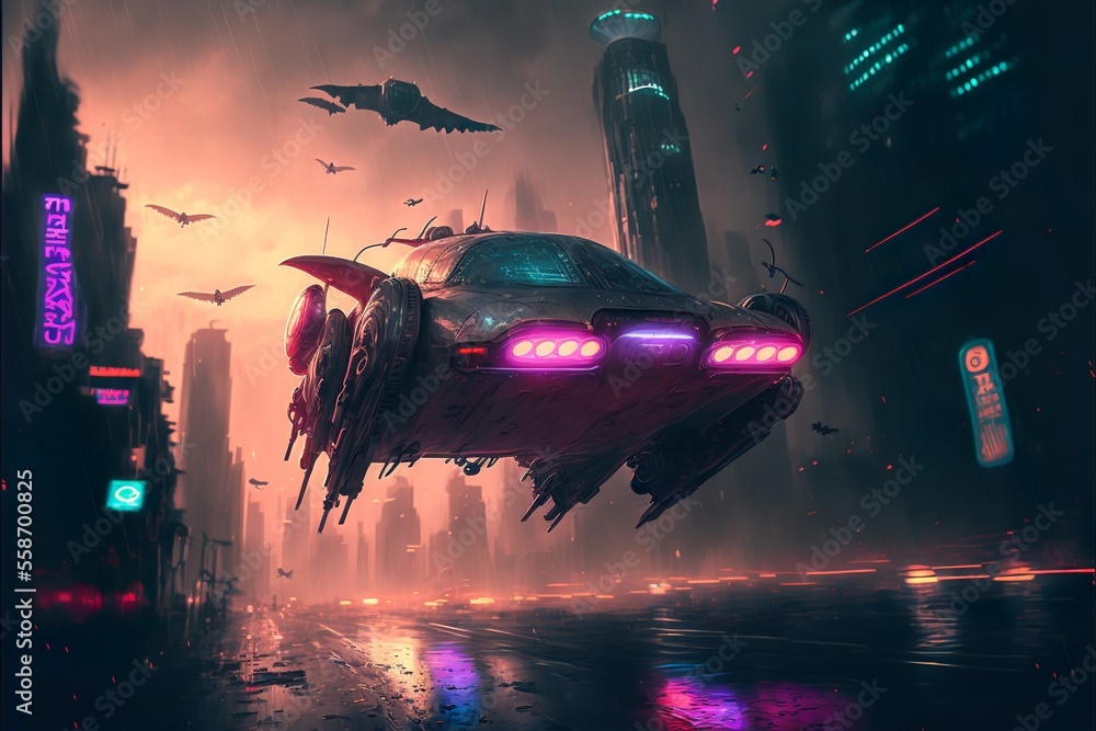 Futuristic cyberpunk vehicle flying car in megapolis suburb centre