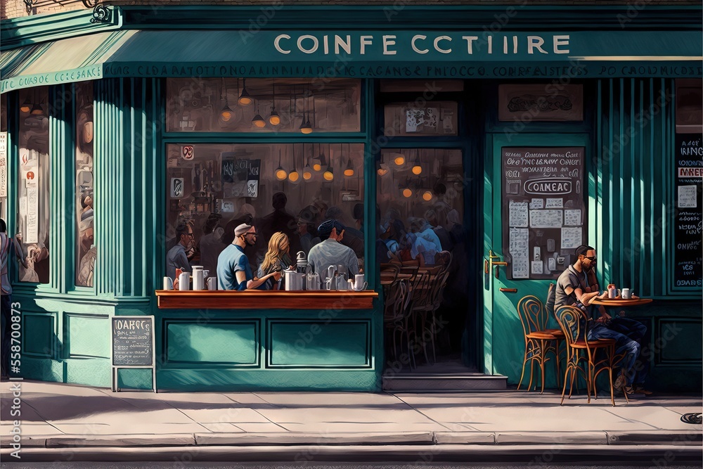 a painting of people sitting at a table outside of a coffee shop on a