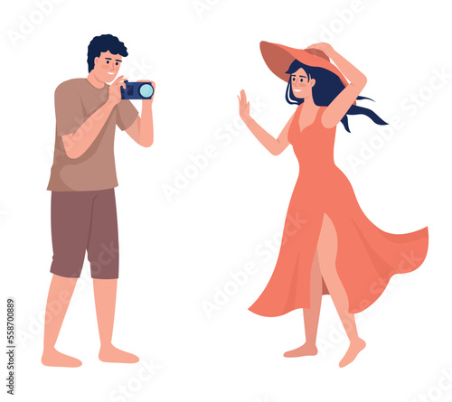 Summer vacation at seaside semi flat color vector characters. Editable figure. Full body people on white. Take pictures simple cartoon style illustration for web graphic design and animation