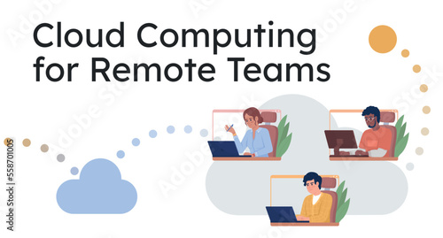 Cloud computing for remote teams flat vector banner template. Manage distance employees. IoT poster, leaflet printable color designs. Editable flyer page with text space. Lexend Deca Regular font used