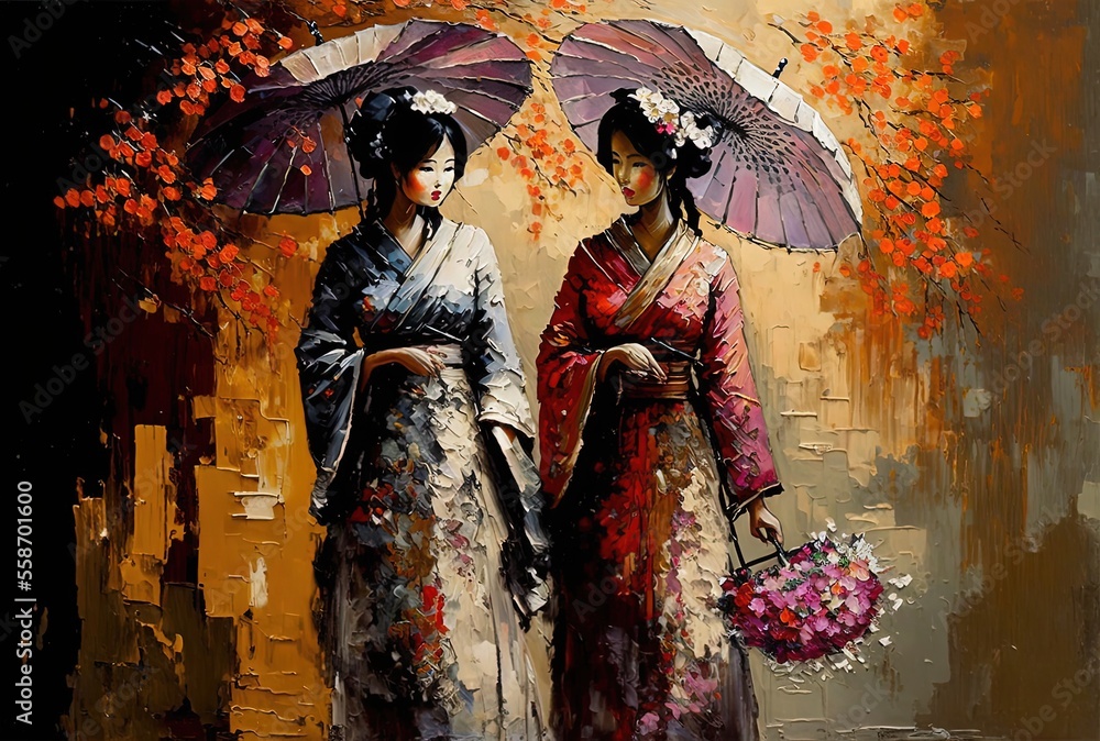 Fototapeta premium oil painting style illustration of a beautiful women wearing traditional Asian clothes and hold paper umbrella walking on street 