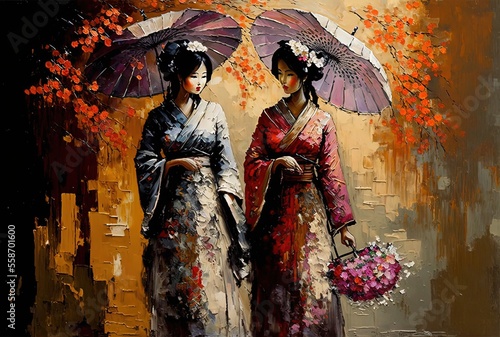 oil painting style illustration of a beautiful women wearing traditional Asian clothes and hold paper umbrella walking on street 
