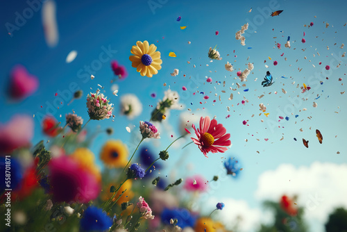 Fototapeta Naklejka Na Ścianę i Meble -  a beautiful field of flowers with flying petals,